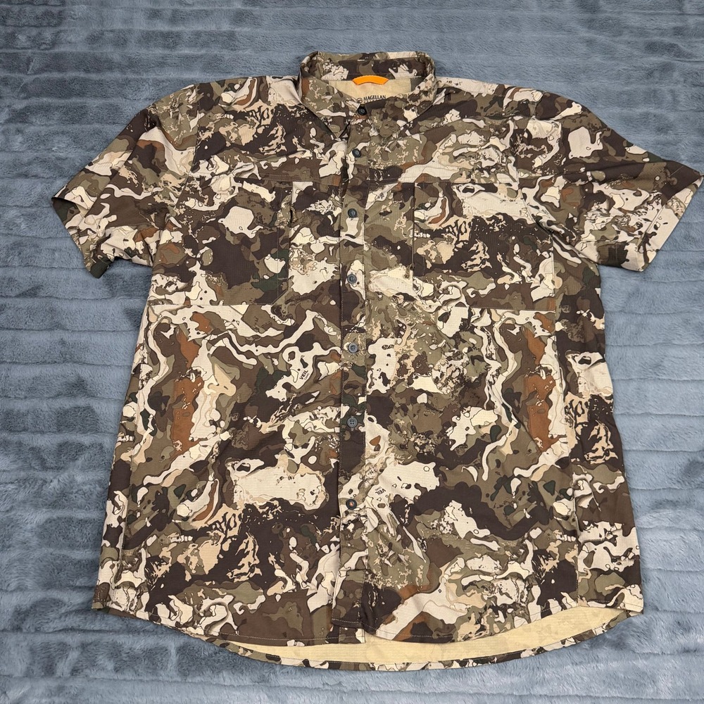 Magellan Outdoors Hunt Gear Veil Camo Ripstop Shirt Mens XL Short Sleeve Brown